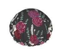 Cuffia per capelli per doccia, con garofani e fiori, grande, riutilizzabile, impermeabile, a doppio strato, da donna, con fodera in PEVA e corda elastica