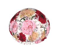 Cuffia per capelli per doccia, con garofani rossi e rosa, a doppio strato, riutilizzabile, impermeabile, grande cuffia da doccia da donna, con fodera in PEVA e corda elastica