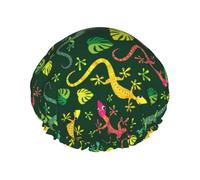 Cuffia per capelli per doccia, con graziosa lucertola gialla e rosa, a doppio strato, riutilizzabile, impermeabile, grande cuffia da doccia per donne, cuffia per capelli per doccia con fodera in PEVA