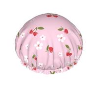 Cuffia per capelli per doccia, con grazioso motivo floreale e bacche amorose, grande, riutilizzabile, impermeabile, a doppio strato, cuffia per capelli per doccia, con fodera in PEVA e corda elastica