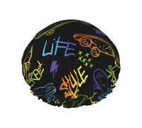 Cuffia per capelli per doccia, con linee tecnologiche, con lettere dello skateboard, grande cuffia da doccia riutilizzabile impermeabile, a doppio strato, cuffia per capelli per doccia, con fodera in