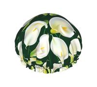 Cuffia per capelli per doccia, con petali di fiori di calla, grande, riutilizzabile, impermeabile, a doppio strato, cuffia per capelli per doccia, con fodera in PEVA e corda elastica