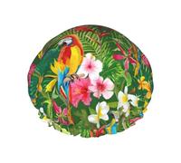 Cuffia per capelli per doccia, con pianta di pappagallo tropicale, a doppio strato, riutilizzabile, impermeabile, grande cuffia da doccia da donna, con fodera in PEVA e corda elastica