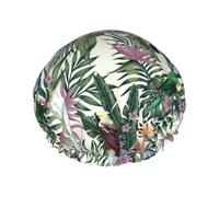 Cuffia per capelli per doccia, con pianta di pappagallo tropicale, grande, riutilizzabile, impermeabile, a doppio strato, cuffia per capelli per doccia, con fodera in PEVA e corda elastica