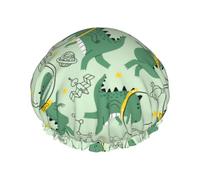 Cuffia per capelli per doccia, con simpatici dinosauri nello spazio, grande cuffia da doccia riutilizzabile impermeabile, a doppio strato, cuffia per capelli per doccia, con fodera in PEVA e corda