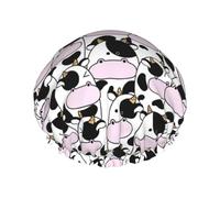 Cuffia per capelli per doccia, con simpatico animale con mucca, grande cuffia da doccia riutilizzabile impermeabile, a doppio strato, cuffia per capelli per doccia, con fodera in PEVA e corda elastica