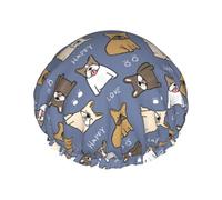 Cuffia per capelli per doccia, con simpatico bulldog francese, divertente e felice, a doppio strato, riutilizzabile, impermeabile, grande cuffia da doccia da donna, cuffia per capelli per doccia con