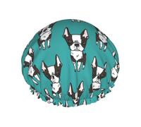 Cuffia per capelli per doccia, con simpatico cane Boston Terrier e cuccioli, a doppio strato, riutilizzabile, grande cuffia da doccia per donne, cuffia per capelli per doccia con fodera in PEVA e