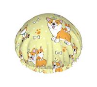 Cuffia per capelli per doccia, con simpatico cane Corgi in stile cartone animato, a doppio strato, riutilizzabile, grande cuffia da doccia per donne, cuffia per capelli per doccia con fodera in PEVA e