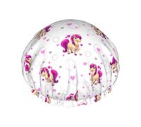 Cuffia per capelli per doccia, con simpatico cavallo in stile cartone animato, a doppio strato, riutilizzabile, impermeabile, grande cuffia da doccia per donne, cuffia per capelli per doccia con