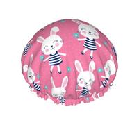 Cuffia per capelli per doccia, femminile, rosa, con grazioso coniglio, a doppio strato, riutilizzabile, impermeabile, grande cuffia da doccia da donna, con fodera in PEVA e corda elastica