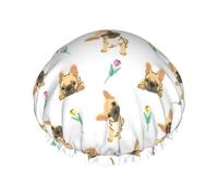 Cuffia per capelli per doccia, graziosa cuffia da doccia a doppio strato con bulldog francese a tulipano, riutilizzabile, impermeabile, grande cuffia da doccia per donne, cuffia per capelli per doccia