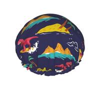 Cuffia per capelli per doccia, isola dei dinosauri, grande cuffia da doccia riutilizzabile impermeabile, a doppio strato, cuffia per capelli per doccia, con fodera in PEVA e corda elastica