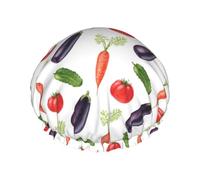 Cuffia per capelli per doccia, melanzana, pomodoro, carota, grande, riutilizzabile, impermeabile, a doppio strato, cuffia per doccia con fodera in PEVA e corda elastica