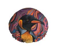 Cuffia per capelli per doccia, motivo astratto pinguino, a doppio strato, riutilizzabile, grande cuffia da doccia per donne, cuffia per capelli per doccia con fodera in PEVA e corda elastica