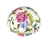 Cuffia per capelli per doccia, motivo con garofano e colibrì, a doppio strato, riutilizzabile, impermeabile, grande cuffia da doccia da donna, cuffia per capelli per doccia con fodera in PEVA e corda