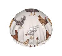 Cuffia per capelli per doccia, stile rustico, con pollo, grande, riutilizzabile, impermeabile, a doppio strato, cuffia per capelli per doccia, con fodera in PEVA e corda elastica