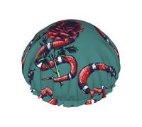 Cuffia per capelli per doccia, stile rustico, motivo serpente con fiori rossi, grande, riutilizzabile, impermeabile, a doppio strato, cuffia per capelli per doccia, con fodera in PEVA e corda elastica