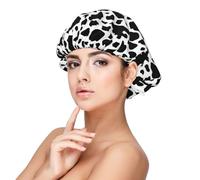 Cuffia per capelli ricci con stampa di mucca, in raso nero e bianco, per donne che dormono, a doppio strato, regolabile, in raso, per notte