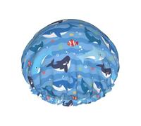Cuffia per doccia - Cuffia per doccia a doppio strato con stampa di pesce blu, riutilizzabile, resistente all'acqua, grande cuffia per doccia da donna, cuffia per doccia con fodera in Peva e corda