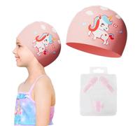 Cuffia Piscina Bambina, Cuffia Piscina Bambino Unicorno, Cuffia Impermeabile Bambini Cuffia da Nuoto per Capelli Lunghi e Corti, Cuffia da Nuoto, con tappi per le orecchie e clip per il naso