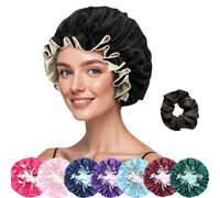 Cuffia reversibile in seta per dormire, da donna, a doppio strato, in raso, con fascia elastica regolabile, per la cura dei capelli ricci naturali, colore nero