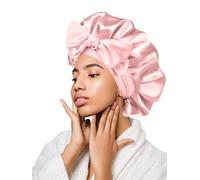 Cuffia Seta Capelli Notte Women Big Satin Bonnet Elastic Long Strap Night Sleep Cap 2 Layer Wearable Silk Hair Wrap Hat Band Adjustable(Pink)