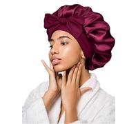 Cuffia Seta Capelli Notte Women Big Satin Bonnet Elastic Long Strap Night Sleep Cap 2 Layer Wearable Silk Hair Wrap Hat Band Adjustable(Dark pink)