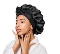 Cuffia Seta Capelli Notte Women Big Satin Bonnet Elastic Long Strap Night Sleep Cap 2 Layer Wearable Silk Hair Wrap Hat Band Adjustable(Black)