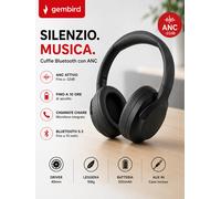 Cuffie Bluetooth Wireless ANC Gembird Over Ear Stereo HiFi con Cancellazione Attiva del Rumore Microfono Integrato AUX Auricolari BT 5.3 per Smartphone PC Tablet TV Viaggio Gaming