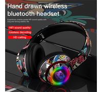 Cuffie da gaming wireless Bluetooth con LED, fantastico design graffiti, microfono integrato, compatibili con iOS e Android.