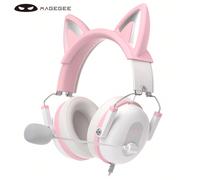 Cuffie da gioco cablate MageGee Pilot Over-Ear con jack da 3,5 mm, colore rosa, con orecchie di gatto rimovibili e microfono, cancellazione del rumore, controllo del volume, compatibili con laptop, PC