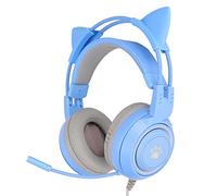 Cuffie da Gioco Cat Ear, Driver da 50 MM Surround Ear Design con Cancellazione Del Rumore Spina per Microfono Cuffie da Gioco con USB e Spina da 3,5 MM, 20Hz-20KHZ Microfono Muto per PC(Blu)