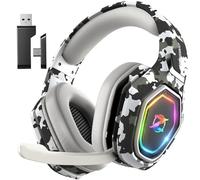 Cuffie Gaming Wireless per PC/Ps5/Ps4, 2,4GHz Wireless+5.3 Bluetooth, Cuffie con Microfono 7.1 Qualità Audio Senza Perdita di Bassa Latenza, Durata di Oltre 30+ Ore, mimetico