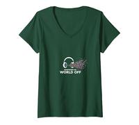Cuffie On World off Music Lover Maglietta con Collo a V, Donna, Verde Foresta, S