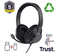 Trust Ayda Max USB Cuffie con Microfono ENC Cancellazione del Rumore, Auricolari con Filo 1,80 m, Mic Noise Cancelling, 85% Plastica Riciclata, Headphones Over-Ear Cablato per PC Laptop Mac, Nero