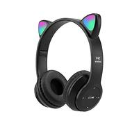 Cuffie per bambini, con orecchie di gatto, con LED, Bluetooth 5.0, pieghevoli, senza fili, per bambini e adulti, comode, con cancellazione del rumore, colore: nero
