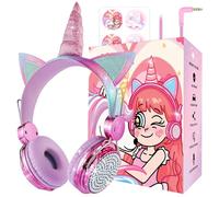 Cuffie per bambini con unicorni con microfono per viaggio/auto/aereo, aggiunta funzione limite 85 dB e condivisione, regalo per ragazze, cuffie stereo HD con cavo in nylon, rosa acceso