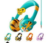 Cuffie per Bambini Kidrox Orecchie di Tigre - Volume Limitato 85dB, Cuffie per la Scuola, Archetto Regolabile, Cavo Antigroviglio, Design Simpatico Cuffie Sovrauricolari per Bambini e Bambine Turquesa