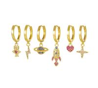 Cuffo dell’orecchio cartilagine di 5 pezzi - cuore, Robot, fulmine, pianeta e design di razzi - orecchini in ottone rivestiti di Zirconia per perforazioni Multiple, oro 6,5 g