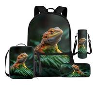Cugasmaru Borse per la scuola per ragazzi 4 PCS zaino Lunch Box Set Little Kid Borse per il ritorno a scuola, Camaleonte Lucertola, Zaino per bambini