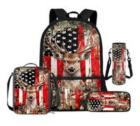 Cugasmaru Set di 4 borse per la scuola e portapranzo, zaino, borsa per il pranzo Kawaii, astuccio grande, custodia per bottiglia d'acqua, Bandiera americana cervo, Zaino per bambini