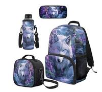 Cugasmaru Set di 4 zaini e borsa per il pranzo per ragazze, per la scuola Kawaii, Lupo Bianco Viola, Zaino per bambini