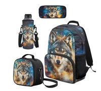 Cugasmaru Set di 4 zaini e borsa per il pranzo per ragazze, per la scuola Kawaii, Lupo, Zaino per bambini