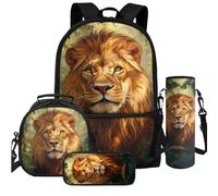 Cugasmaru Set di 4 zaini per bambini e borsa per il pranzo, leggeri, per la scuola, Leone Natura, Zaino per bambini