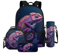 Cugasmaru Set di 4 zaini per bambini e borsa per il pranzo, leggeri, per la scuola, Lucertola Natura, Zaino per bambini