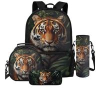 Cugasmaru Set di 4 zaini per bambini e borsa per il pranzo, leggeri, per la scuola, Tigre Natura, Zaino per bambini