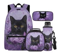 Cugasmaru Set di zaino con gatto per ragazze di quarta elementare, con scatola per il pranzo, grande capacità, con scatola per il pranzo, astuccio per matite per studenti delle scuole elementari e