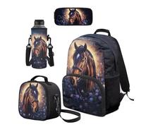 Cugasmaru Set di zaino e borsa per il pranzo per ragazzi, alla moda, per la scuola, per ragazze, Cavallo floreale., Zaino per bambini