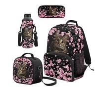 Cugasmaru Set di zaino e borsa per il pranzo per ragazzi, alla moda, per la scuola, per ragazze, Gatto floreale ciliegia, Zaino per bambini